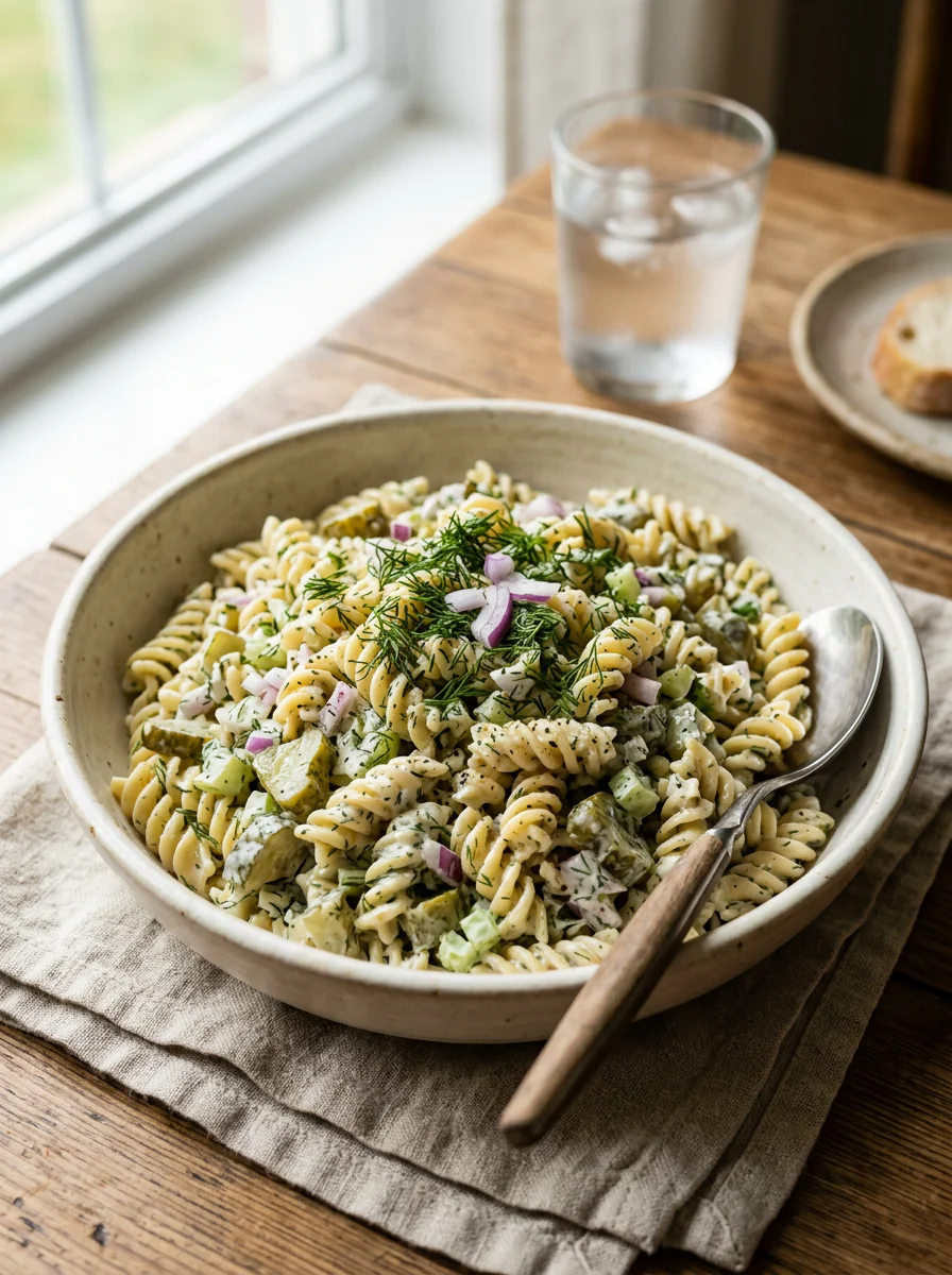 Dill pickle pasta salad served cold in a bowl