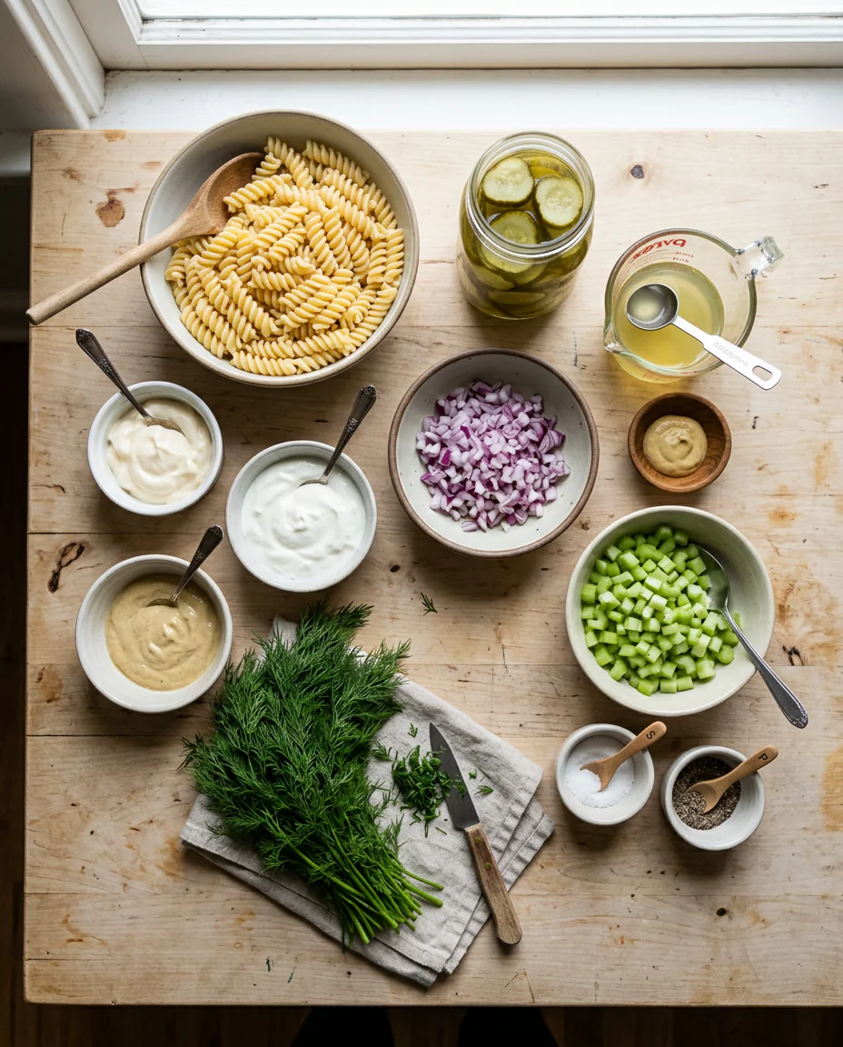 Ingredients for dill pickle pasta salad