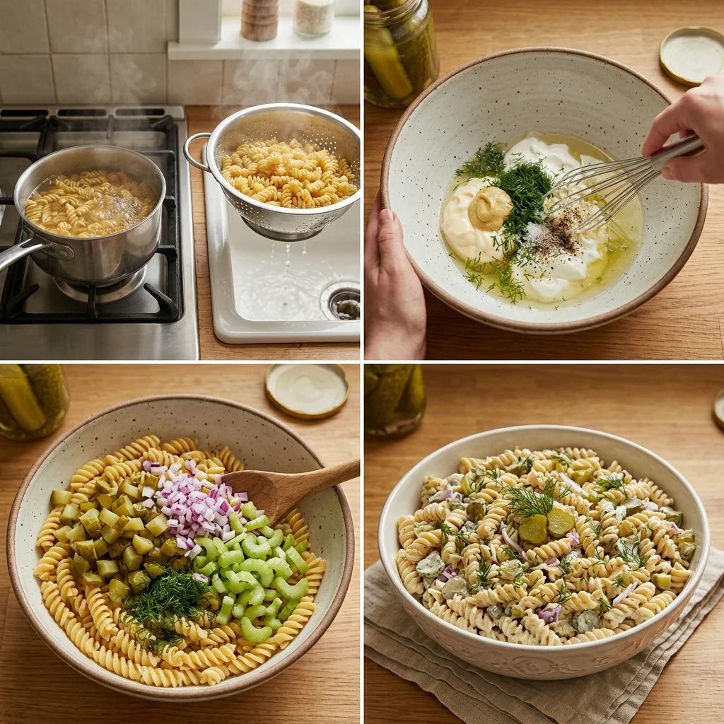 Step by step preparation of dill pickle pasta salad