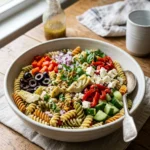 Easy Italian pasta salad with rotini, olives, red bell pepper, cheese, cucumber, and Italian dressing.