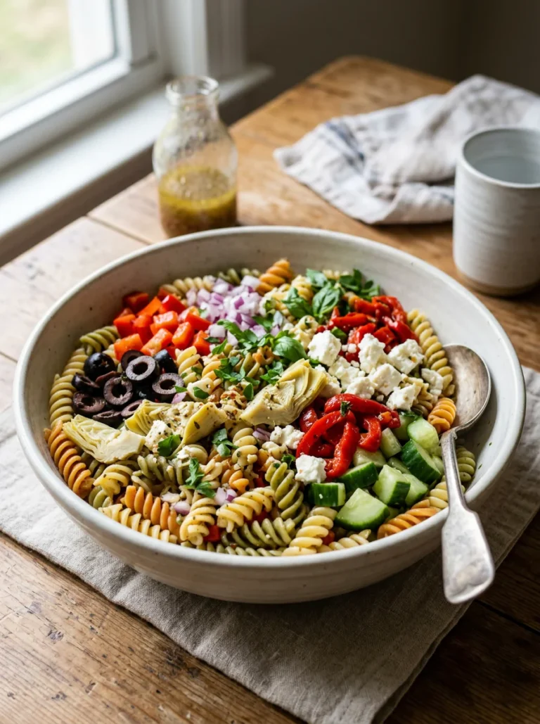 Easy Italian pasta salad with rotini, olives, red bell pepper, cheese, cucumber, and Italian dressing.
