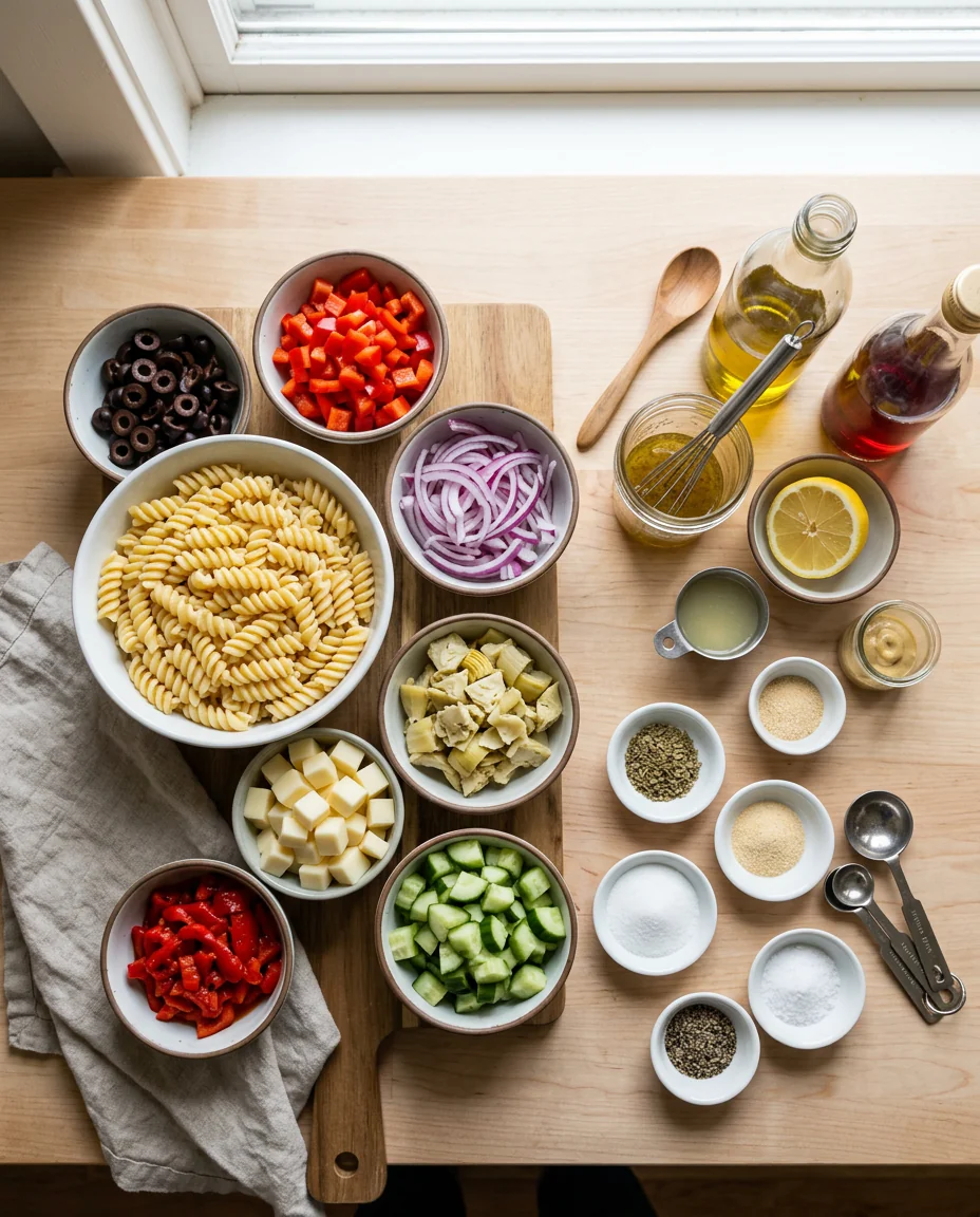 Ingredients for easy Italian pasta salad