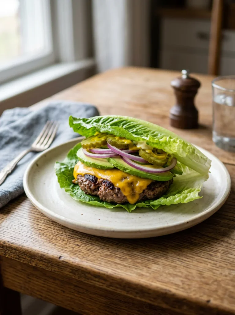 Easy low carb burger with lettuce, cheese, avocado, pickles, and sauce.
