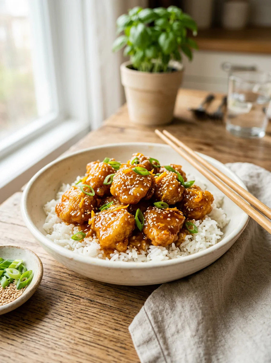 Easy orange chicken served as a small batch takeout style dinner