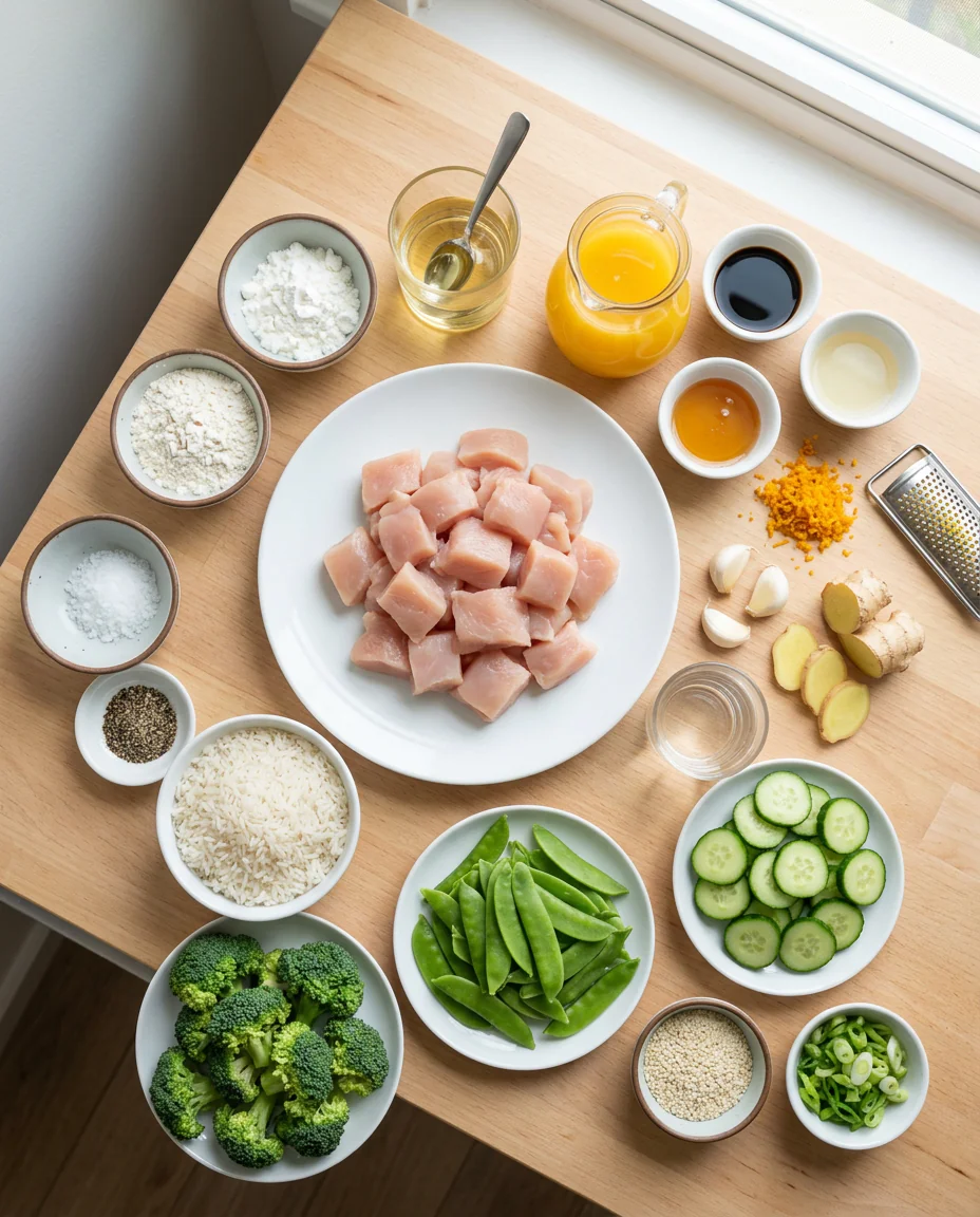 Ingredients for easy orange chicken including chicken, orange juice, soy sauce, and seasonings