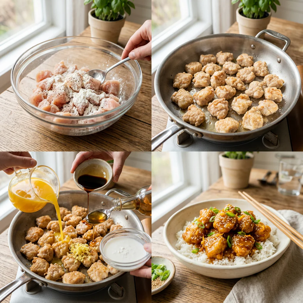 Orange chicken cooking in a skillet with glossy sauce