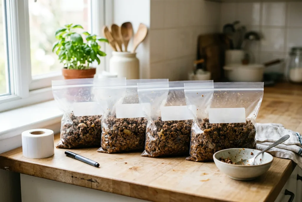 Cooked ground beef divided into freezer-safe portions for later meals