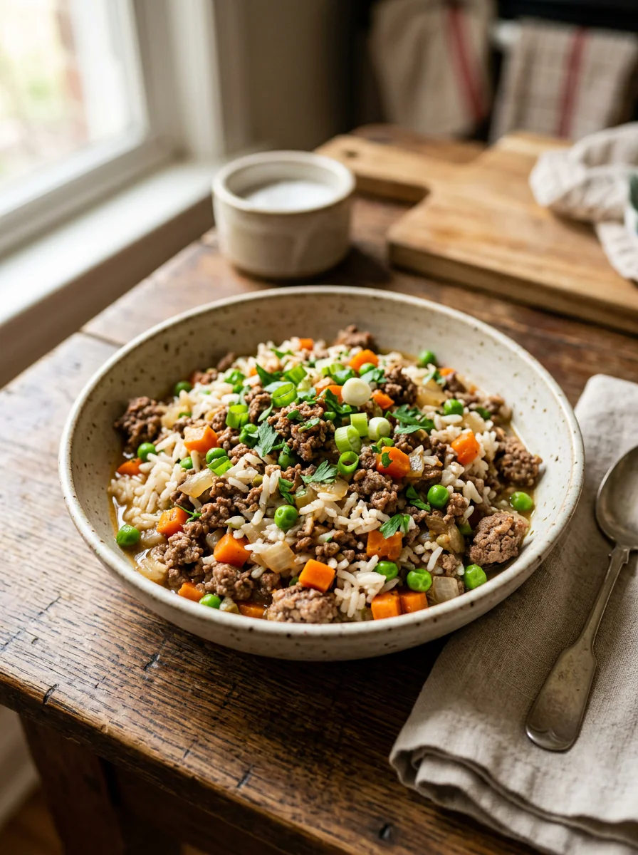High-protein ground beef and rice bowl served in a bowl