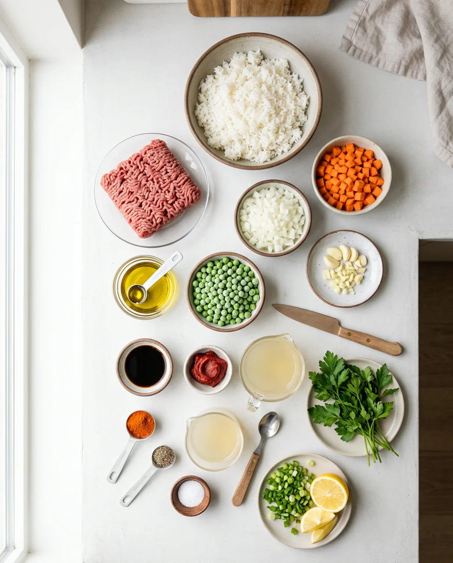 Ingredients for a high-protein ground beef and rice bowl