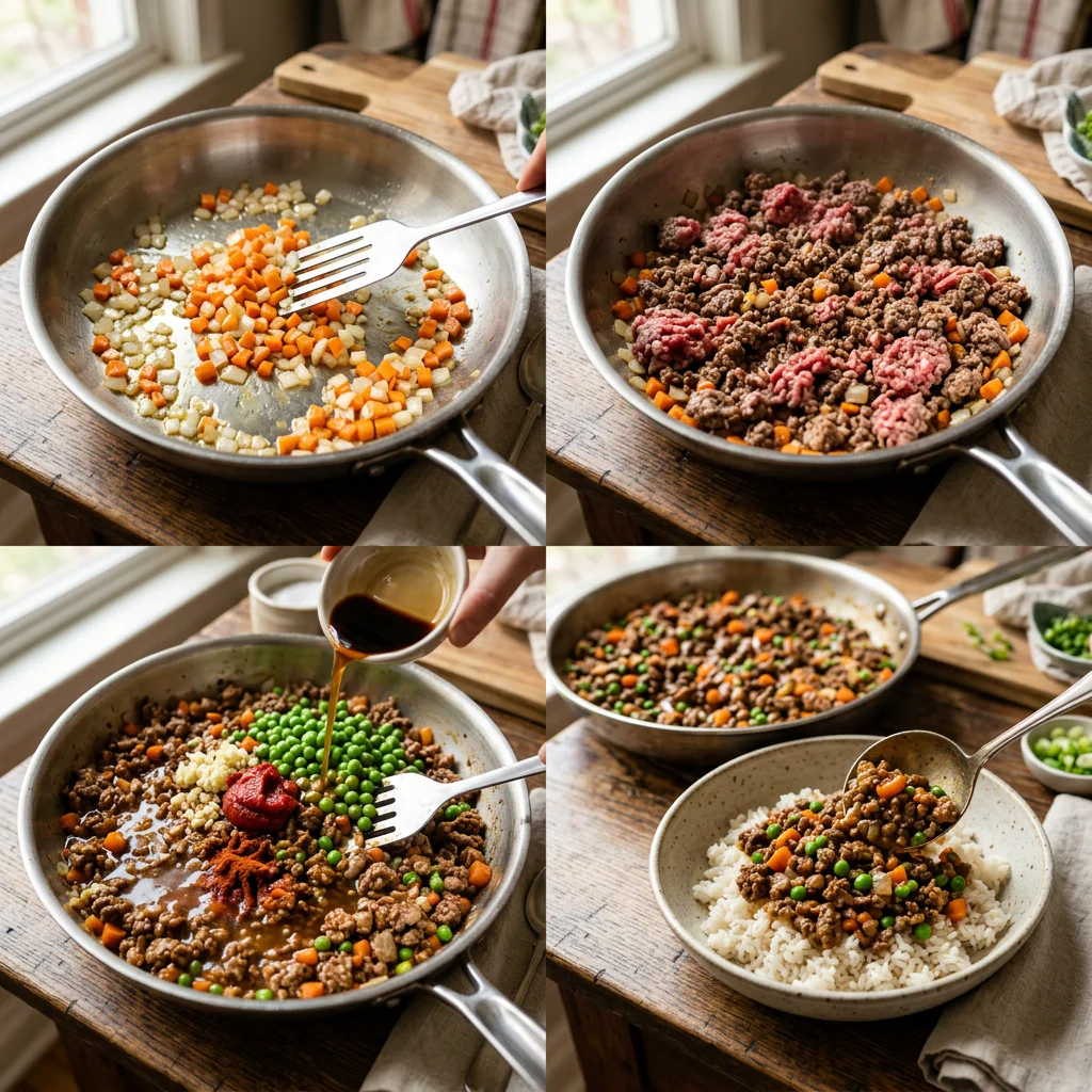 Step-by-step cooking process for ground beef and rice bowl