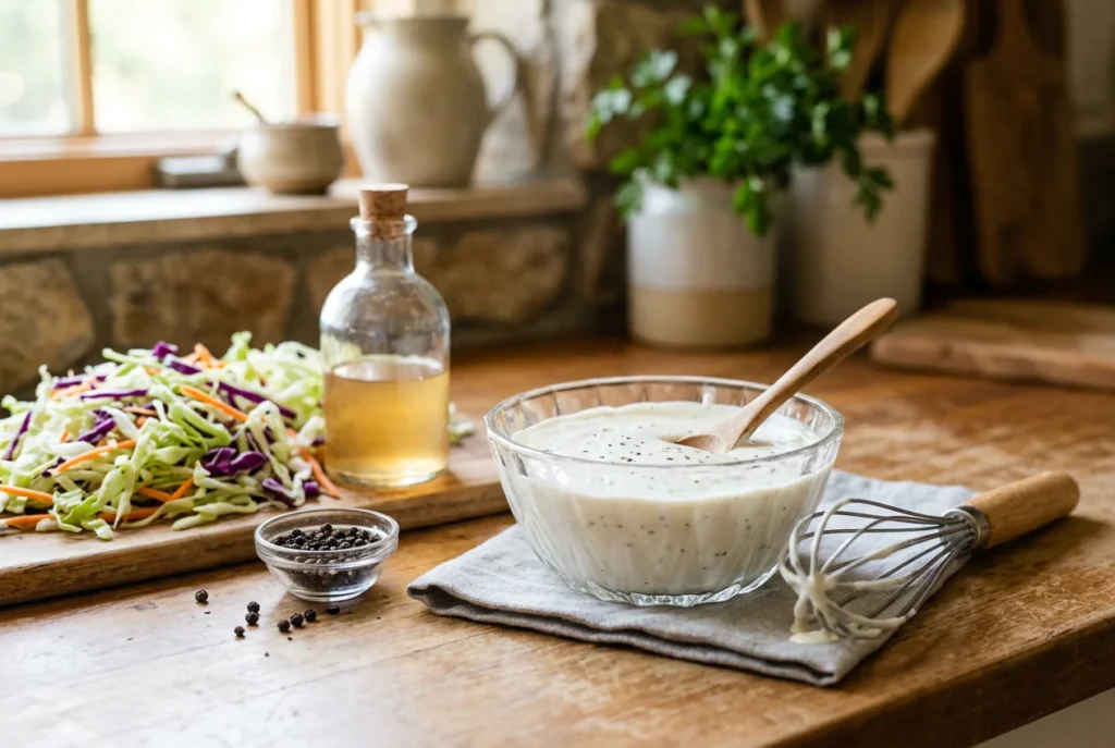 Homemade Coleslaw Dressing (Creamy or Vinegar Based, Ready in 5 Minutes) 2 Homemade coleslaw dressing in a bowl with shredded cabbage and carrots