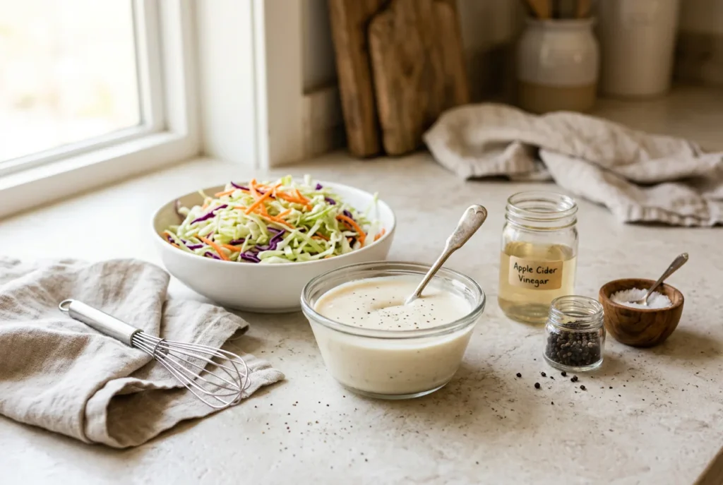 Homemade coleslaw dressing in a bowl with shredded cabbage and carrots