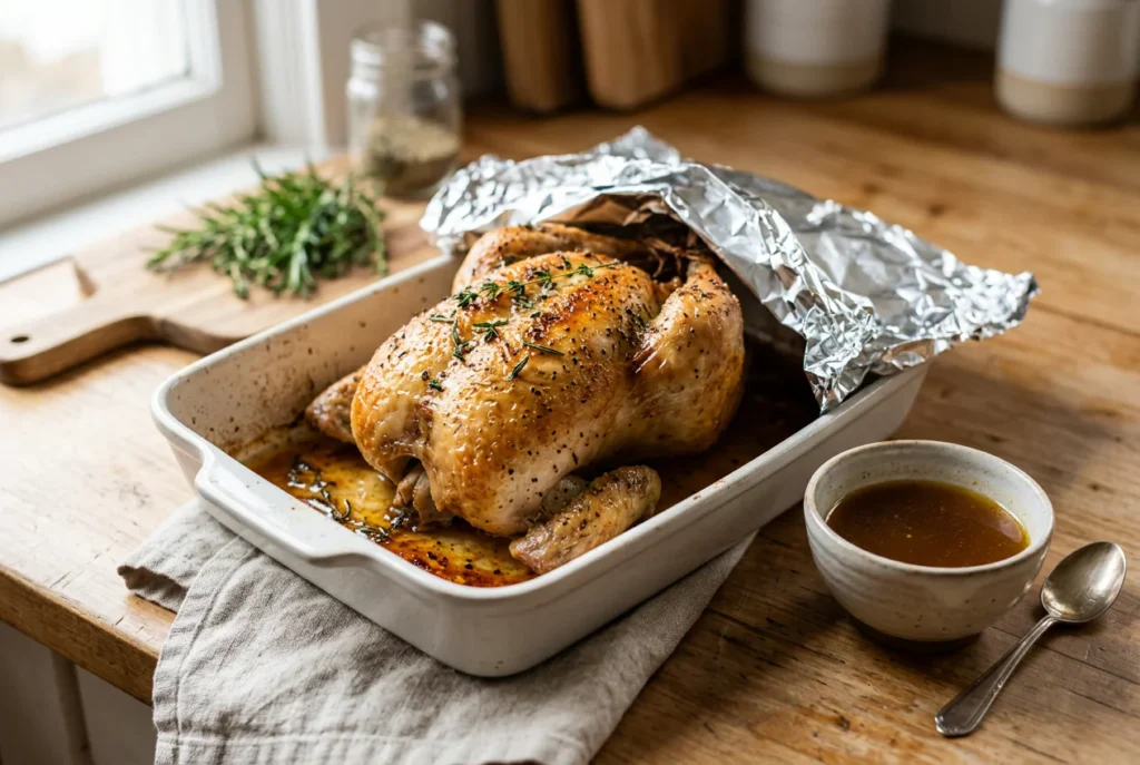 Rotisserie chicken in a baking dish with broth for reheating without drying out