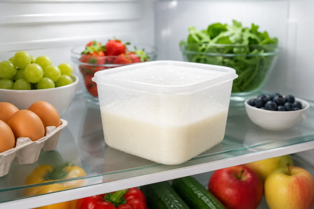 Frozen milk thawing safely inside the refrigerator