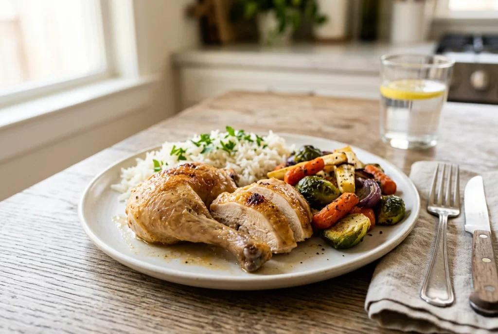 Juicy reheated rotisserie chicken served with rice and roasted vegetables