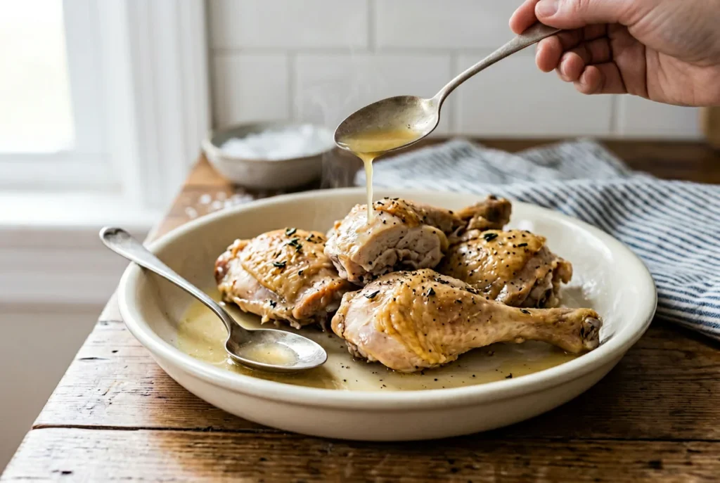 Broth added to rotisserie chicken pieces to keep them moist while reheating