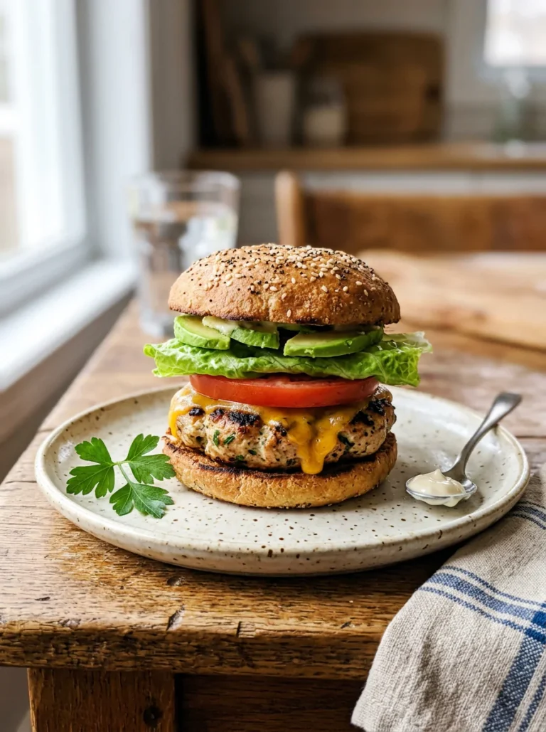 Keto chicken burger with lettuce, tomato, avocado, and Parmesan.