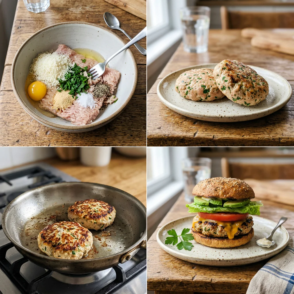 Step by step keto chicken burger cooking process