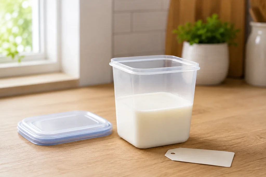 Freezer-safe milk container with empty space at the top before freezing