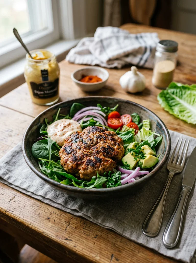 Low carb turkey burger bowl with lettuce, tomato, avocado, and pickles.