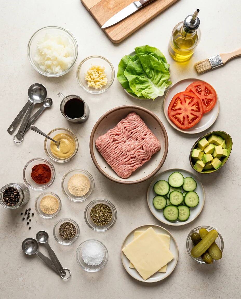 Ingredients for low carb turkey burger laid out before cooking