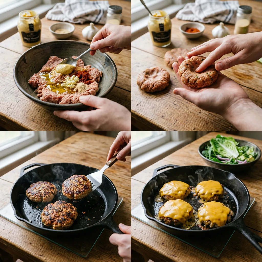 Step by step cooking process for low carb turkey burger in a skillet