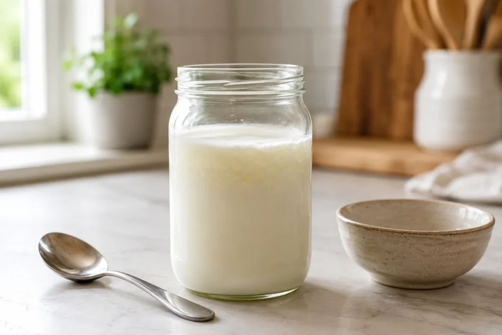 Thawed milk in a glass jar showing slight separation after freezing