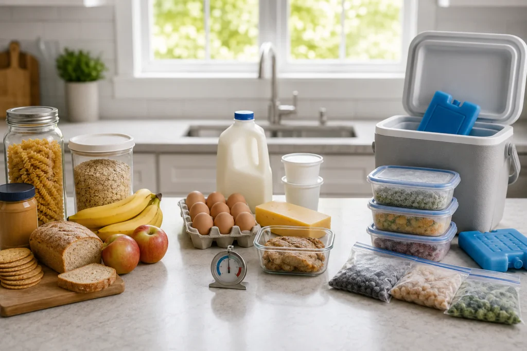 How Long Does Food Last in the Fridge Without Power? 5 Food safety checklist setup after a power outage with thermometer and cooler