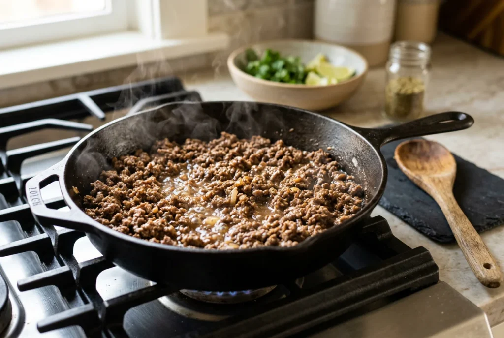 Cooked ground beef reheated in a skillet with a small splash of liquid