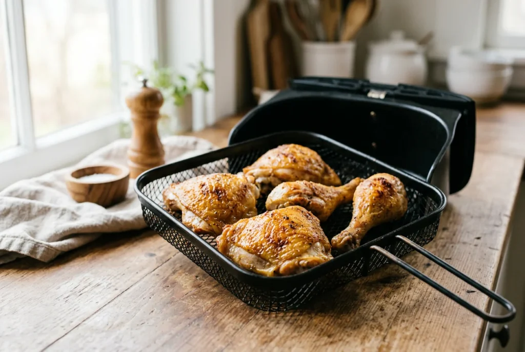 Rotisserie chicken pieces in an air fryer basket for reheating crispy skin