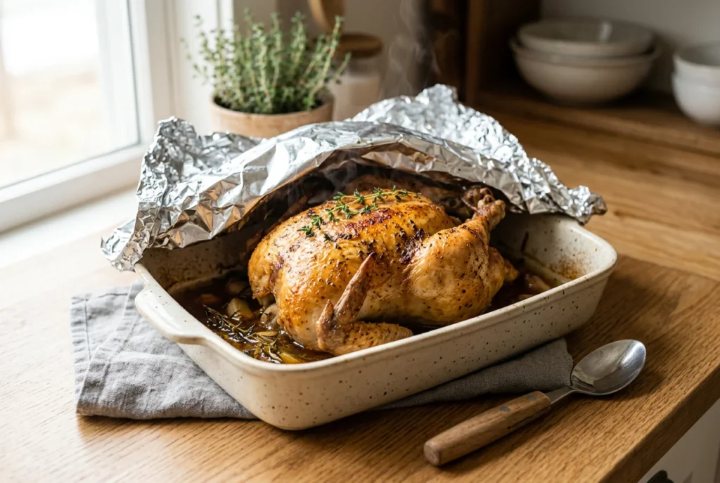 Whole rotisserie chicken covered with foil in a baking dish for oven reheating