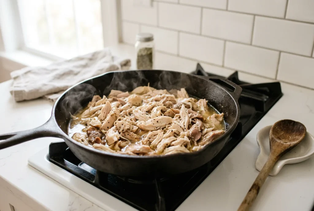 Shredded rotisserie chicken warming in a skillet with broth