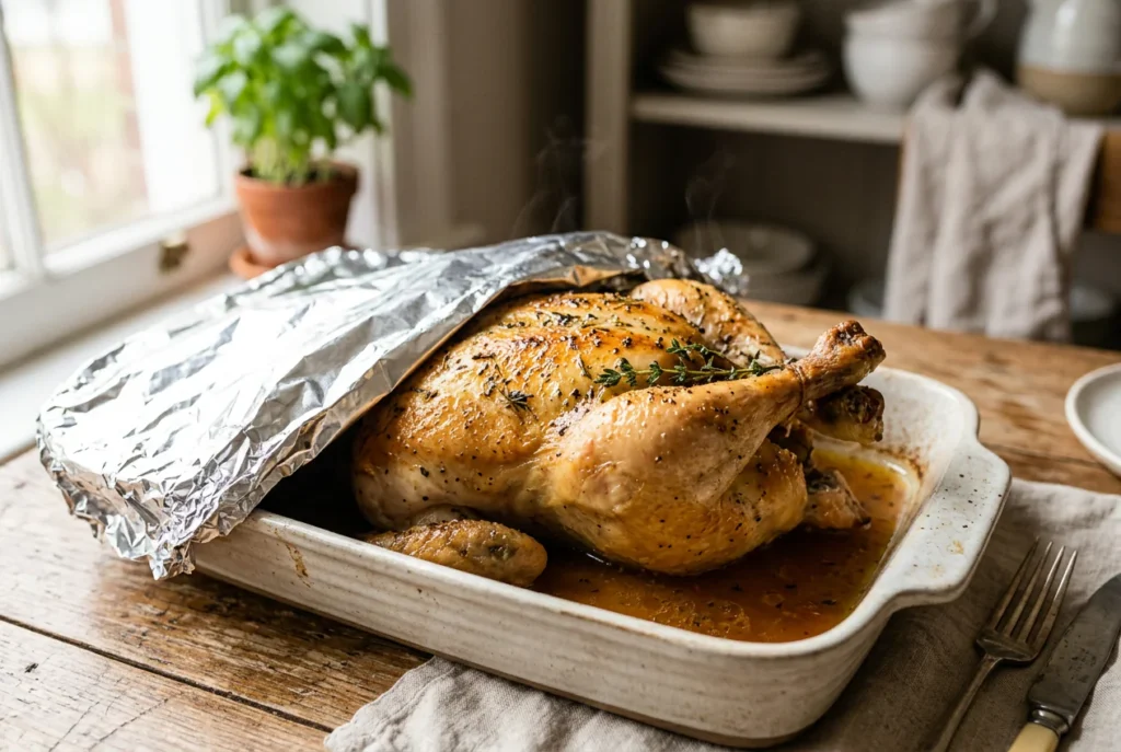 Sliced rotisserie chicken on a plate with broth for microwave reheating