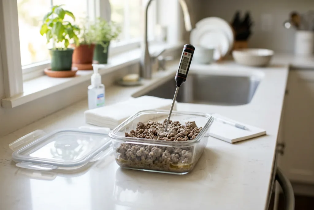 Cooked ground beef in a container being checked for signs of spoilage