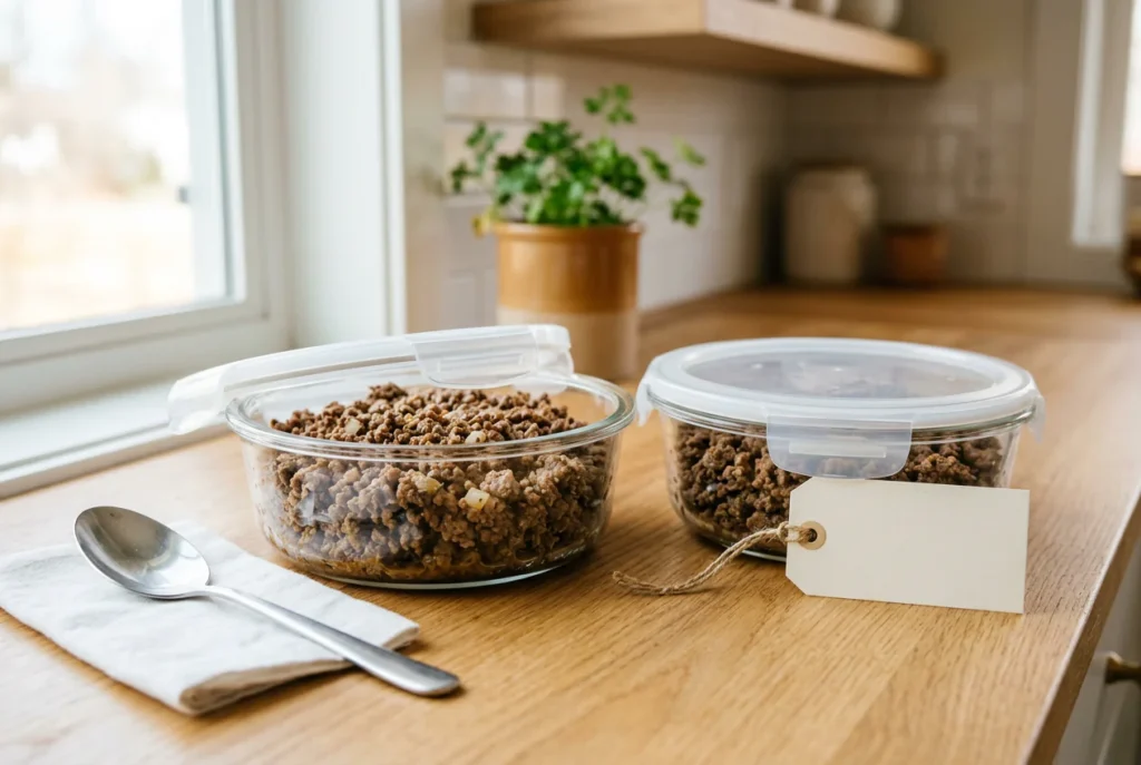 Cooked ground beef portioned into shallow containers for safe storage
