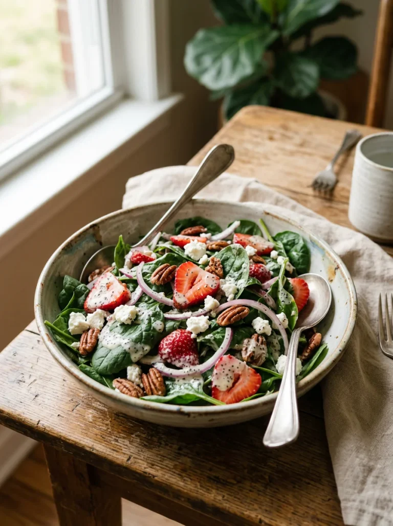 Strawberry spinach salad with poppy seed dressing, spinach, strawberries, goat cheese, red onion, and pecans.
