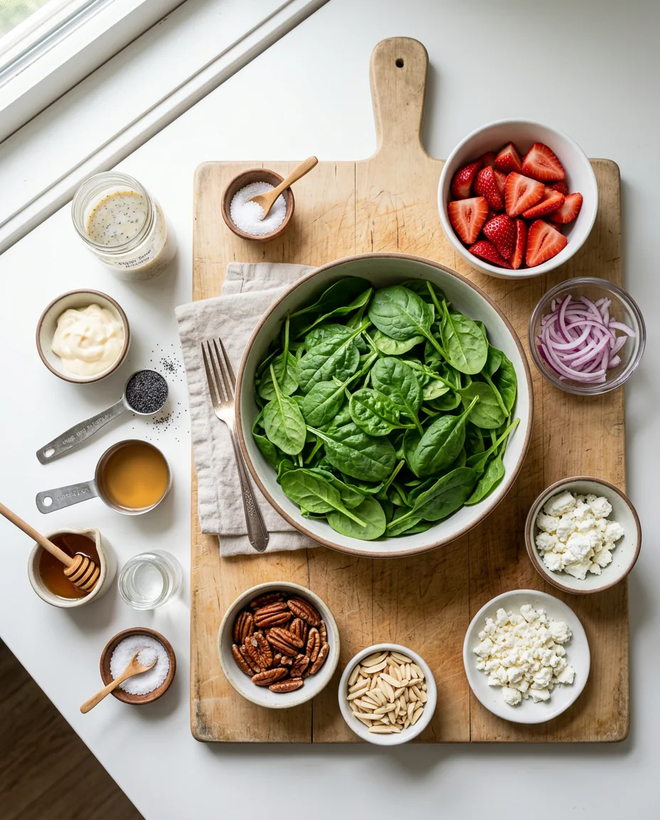 Ingredients for strawberry spinach salad with poppy seed dressing