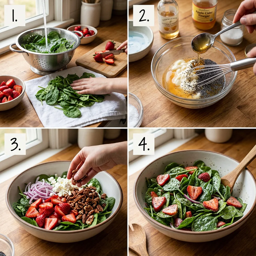 Step-by-step strawberry spinach salad preparation