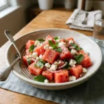 Watermelon feta mint salad with watermelon, feta, fresh mint, and lemon dressing.