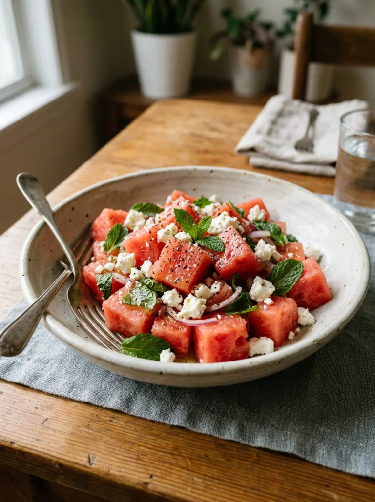 Watermelon feta mint salad with watermelon, feta, fresh mint, and lemon dressing.