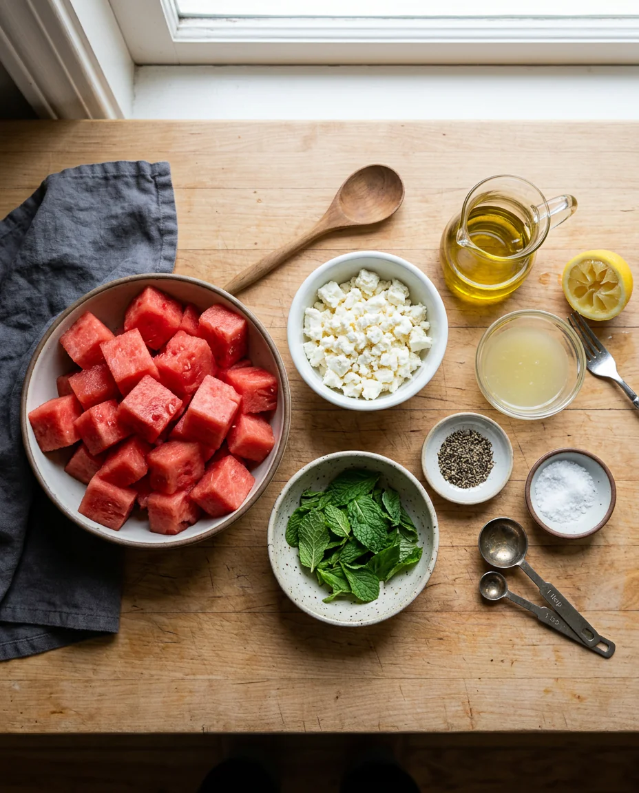 Ingredients for watermelon feta mint salad laid out on a table