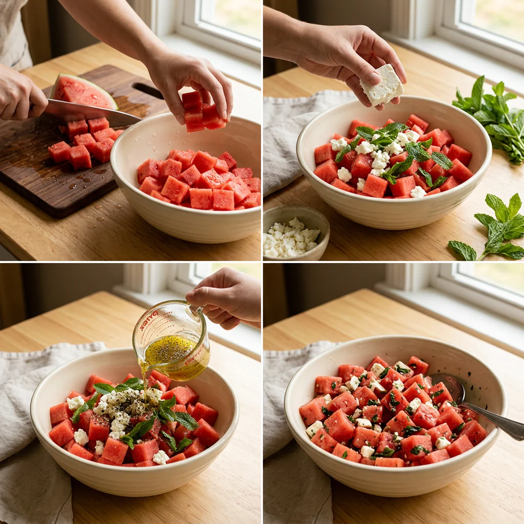 Step by step preparation of watermelon feta mint salad