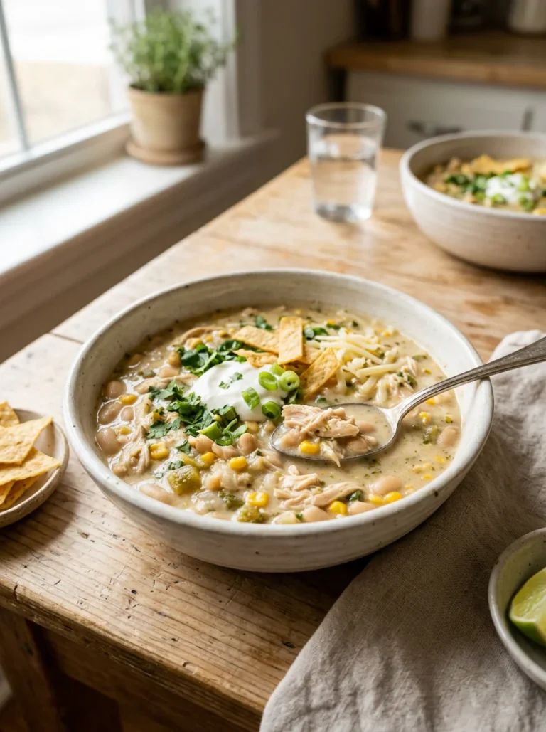 Creamy white chicken chili bowls with beans and corn