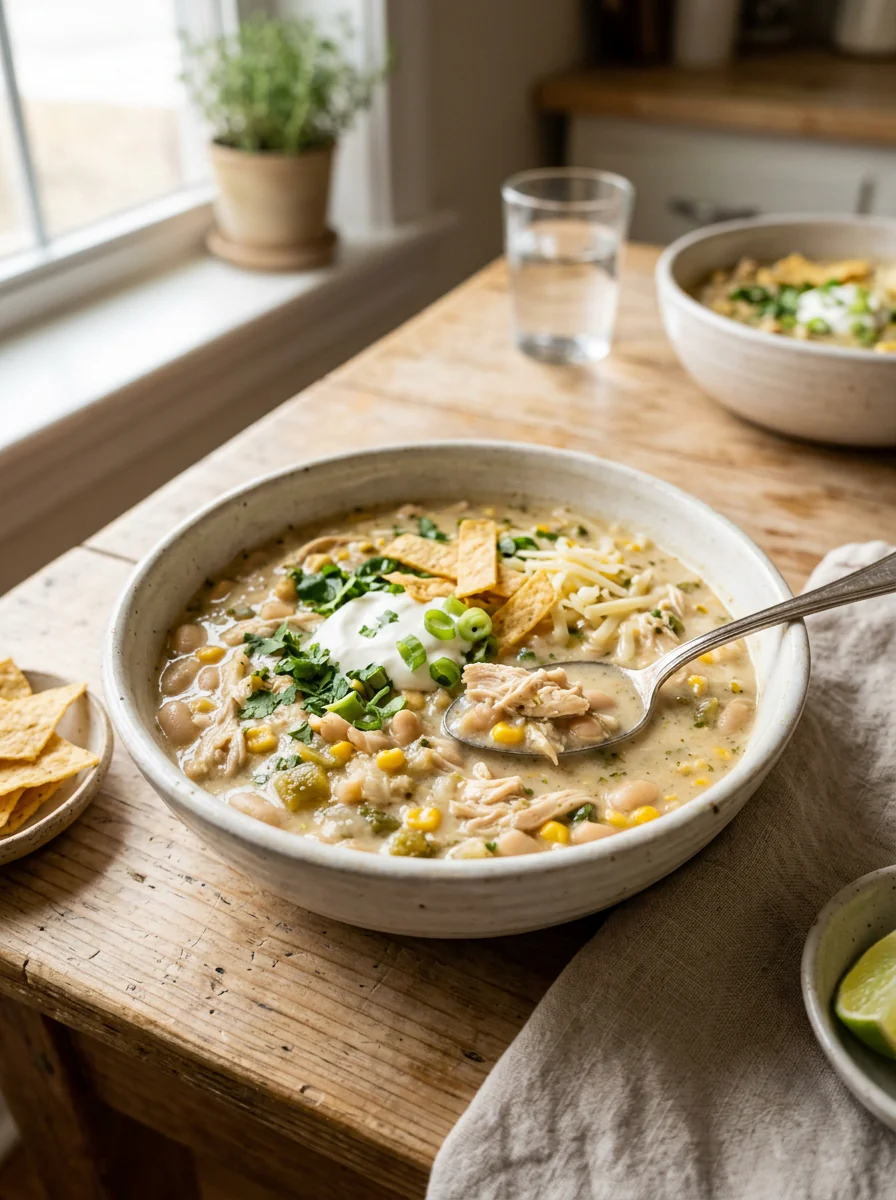 White chicken chili bowls served in a cozy bowl
