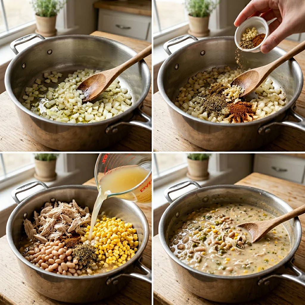 Step-by-step white chicken chili bowls cooking process