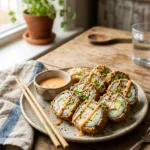 Air fryer deep fried California roll with crab, avocado, cucumber, panko, and spicy mayo.