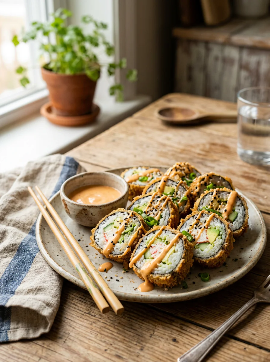 Air fryer deep fried California roll served sliced with a crispy coating