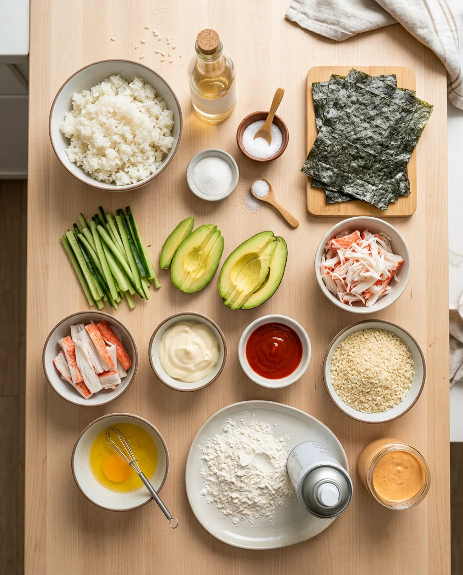 Ingredients for air fryer deep fried California roll including rice, crab, avocado, cucumber, and panko