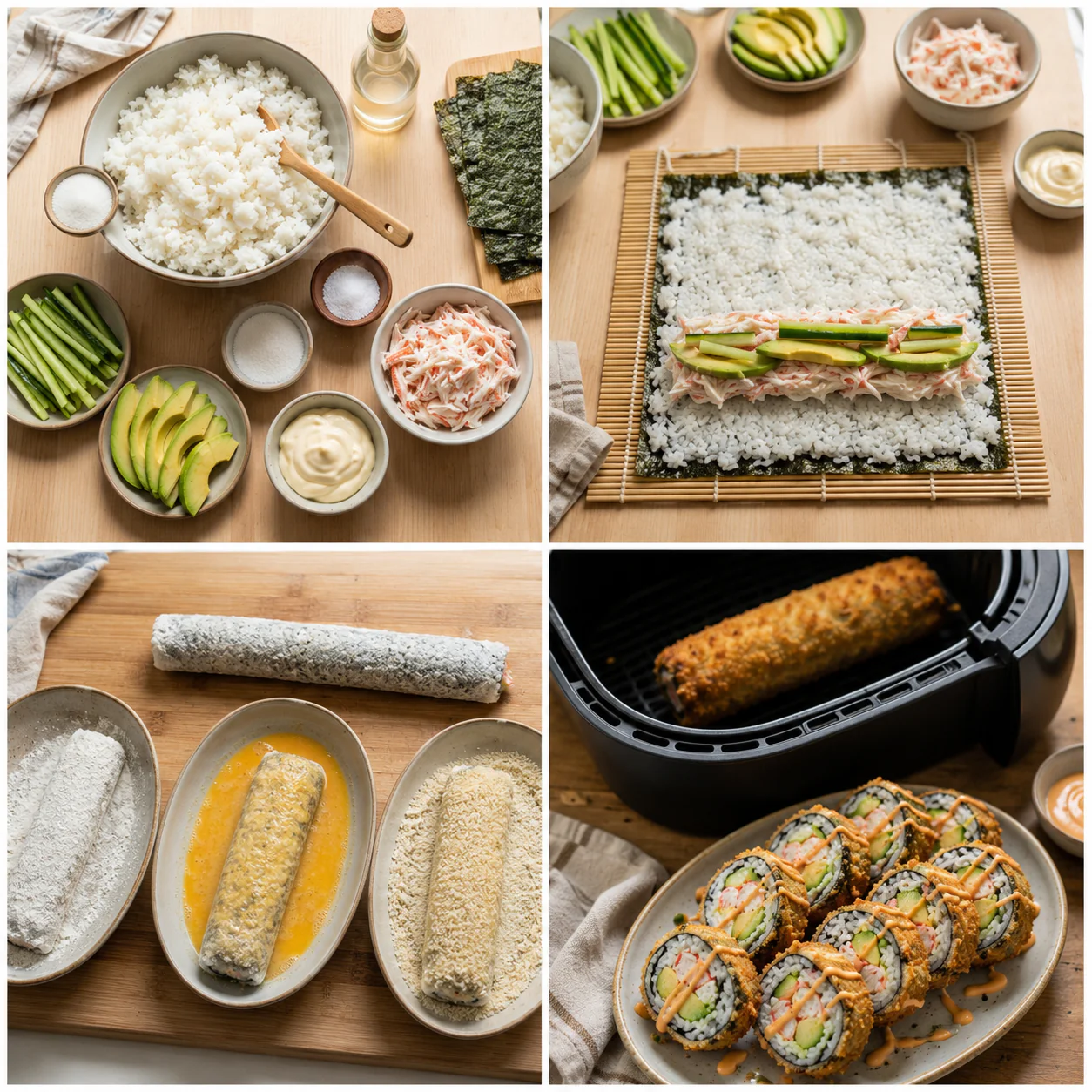 Step-by-step air fryer deep fried California roll preparation