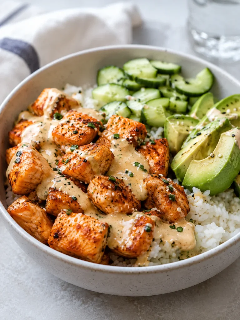 Air fryer salmon bites rice bowl with rice, cucumber, avocado, and creamy sauce.